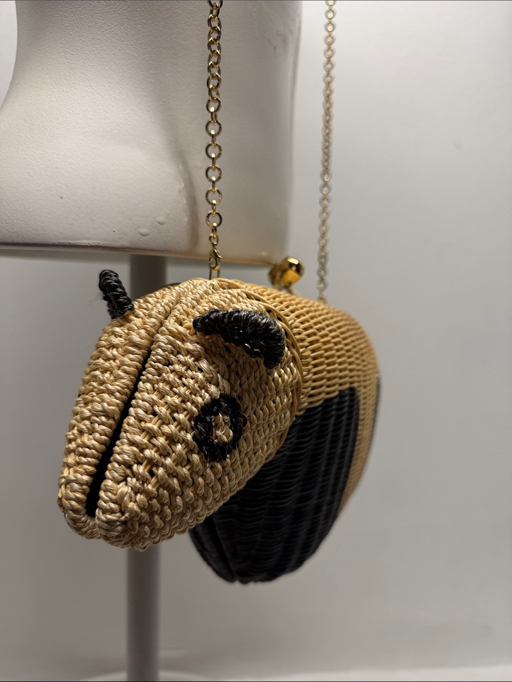 Serpui Wicker Panda Animal Bag Shoulder Purse Chain Strap or Clutch Tan Black - Picture 5 of 11